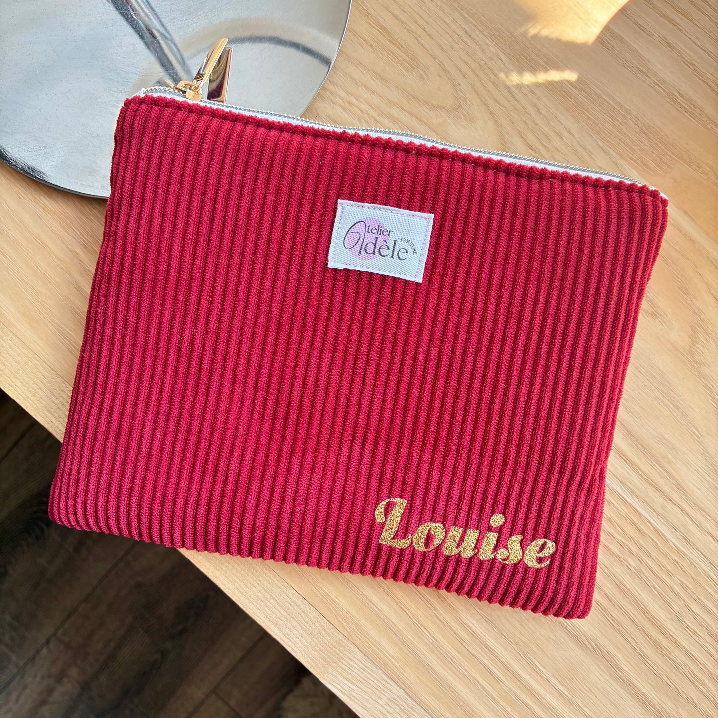 Trousse plate en velours côtelé vieux rose/écru