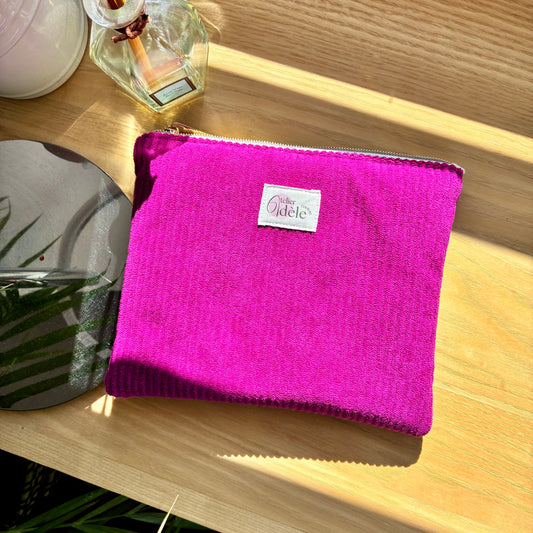Trousse plate en velours côtelé fuchsia/écru