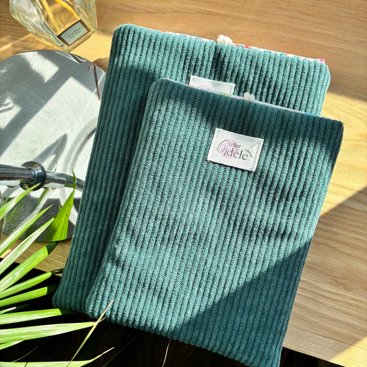 Customizable corduroy book cover in petrol blue