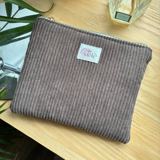 Trousse plate en velours côtelé marron/écru
