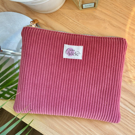 Trousse plate en velours côtelé vieux rose/écru
