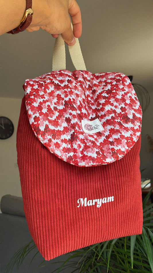 Sac à dos enfant maternelle en velours côtelé rouge/fleuri