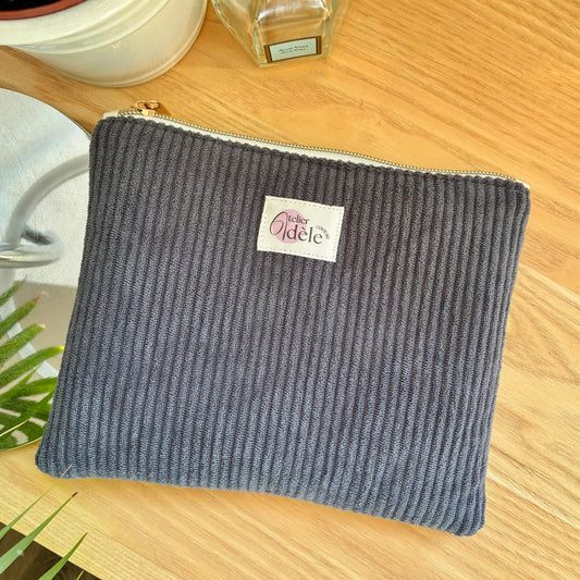 Trousse plate en velours côtelé gris/écru