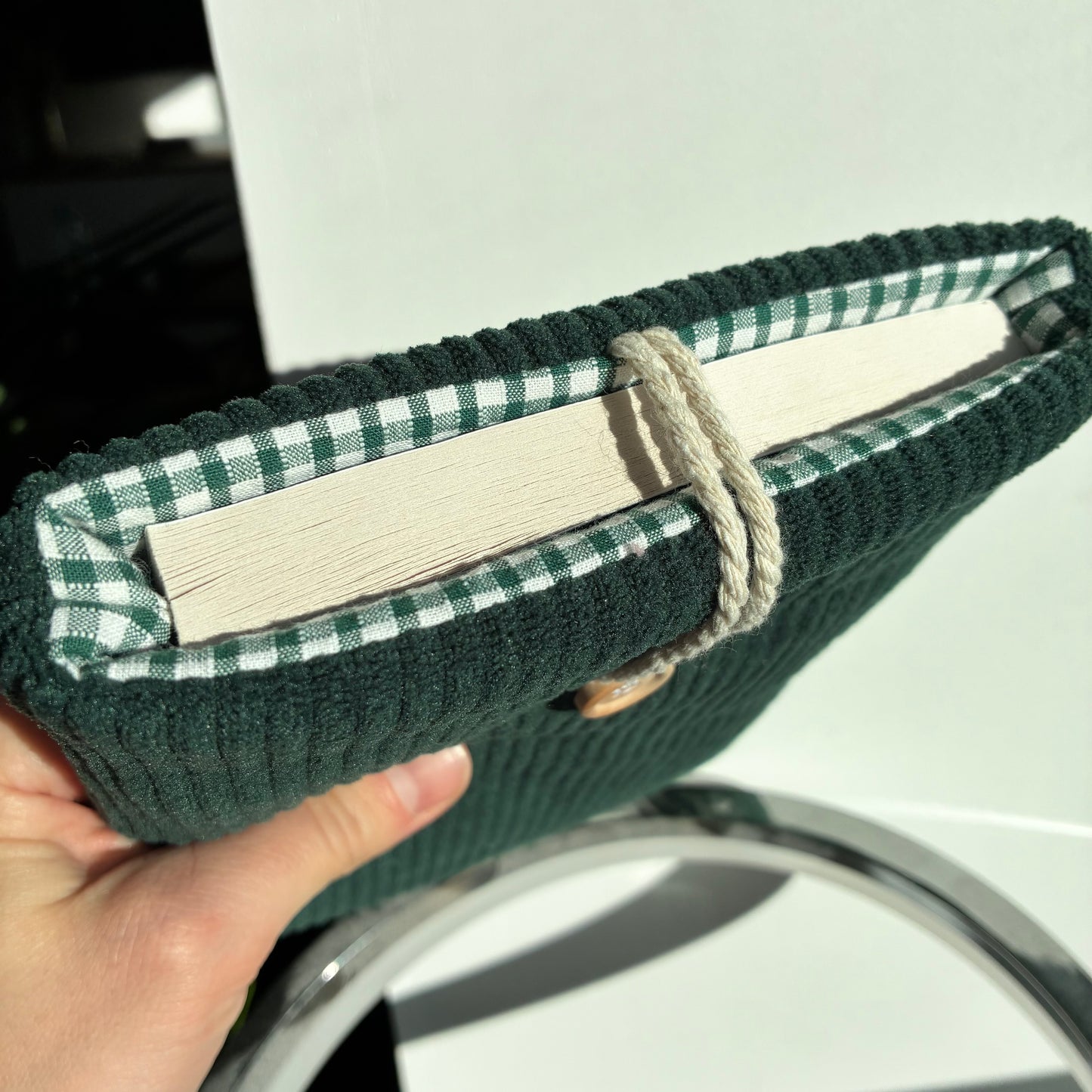 Customizable corduroy book cover in fir green