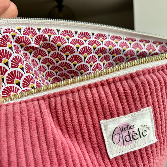 Trousse de toilette en velours côtelé vieux rose/éventails - en stock