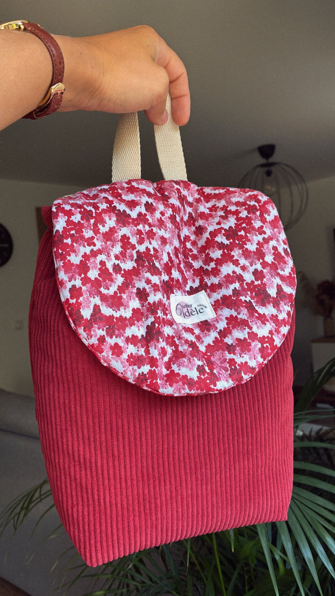Sac à dos enfant maternelle en velours côtelé rouge/fleuri