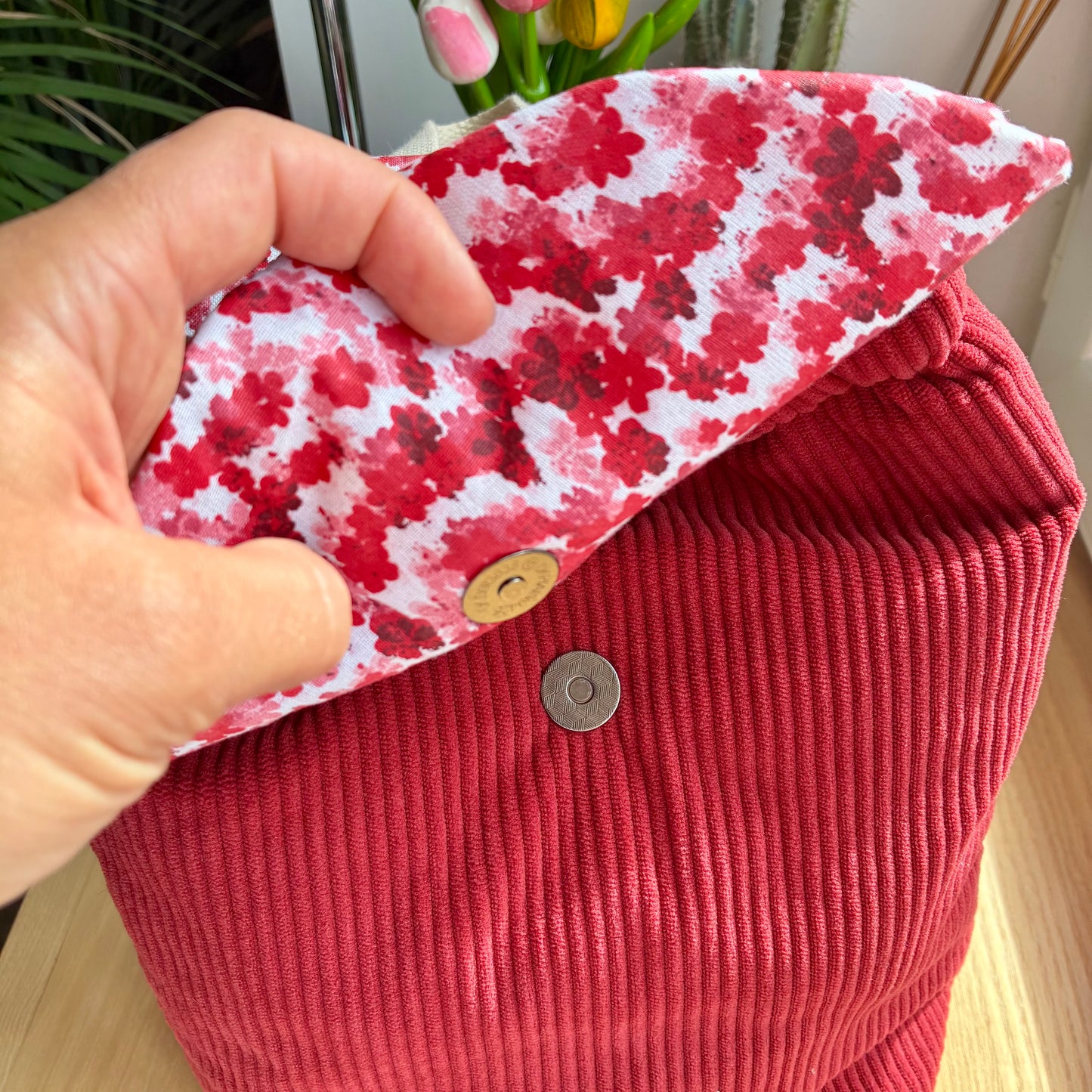 Sac à dos enfant maternelle en velours côtelé rouge/fleuri