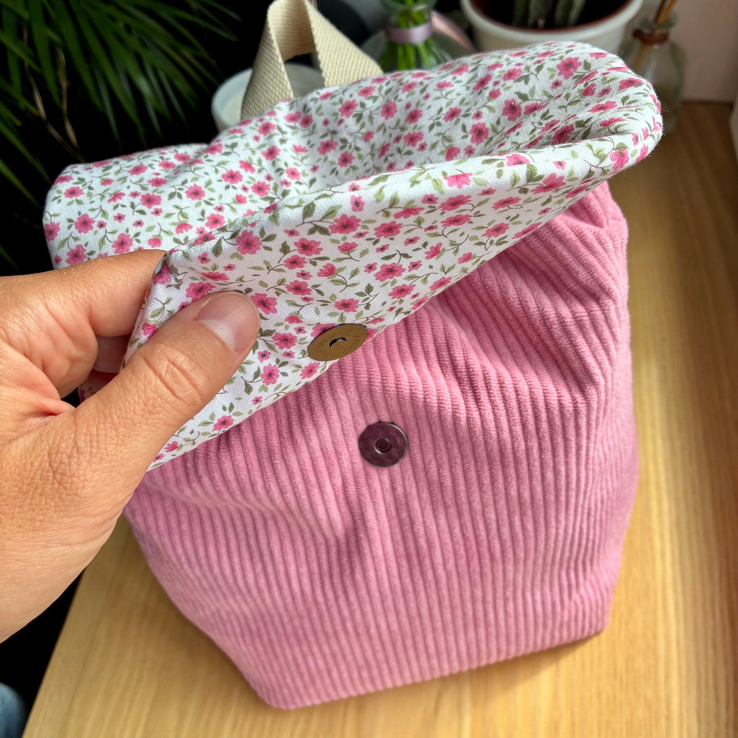 Sac à dos enfant maternelle en velours côtelé rose/fleurs