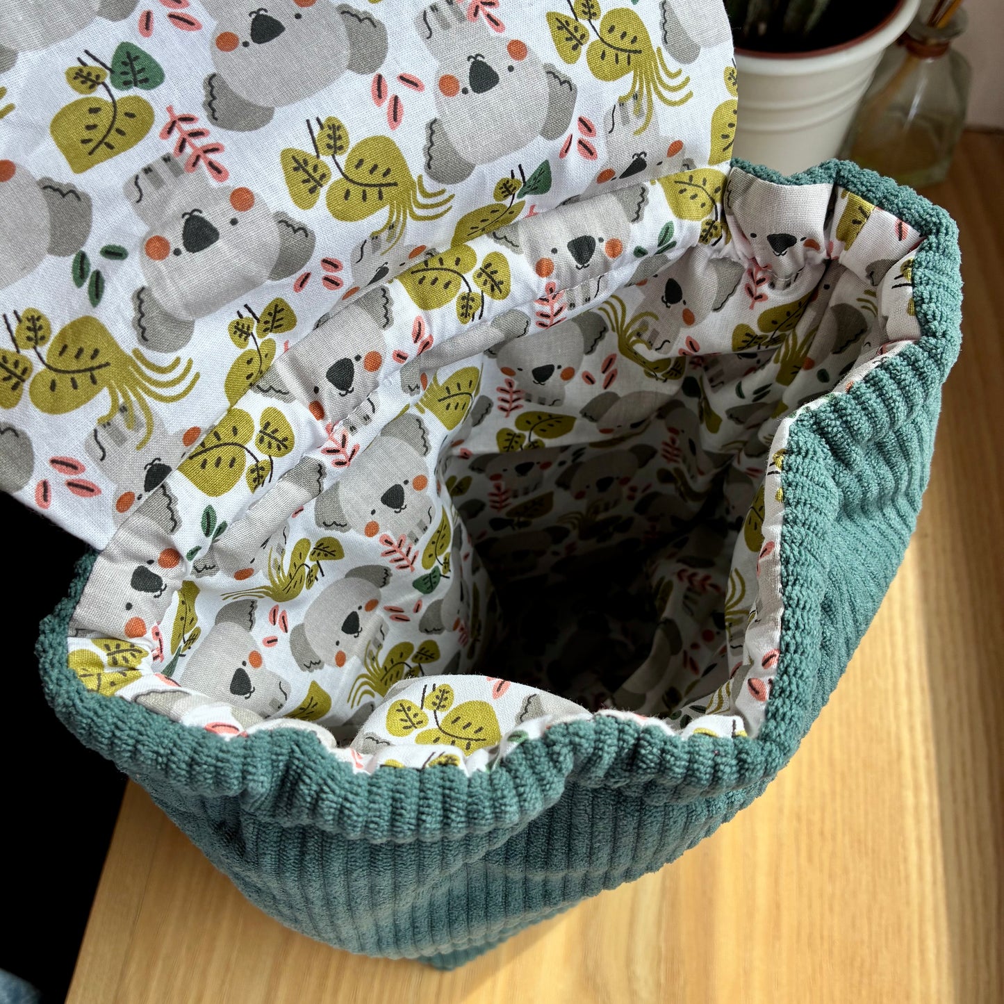 Sac à dos enfant maternelle en velours côtelé bleu pétrole/koalas