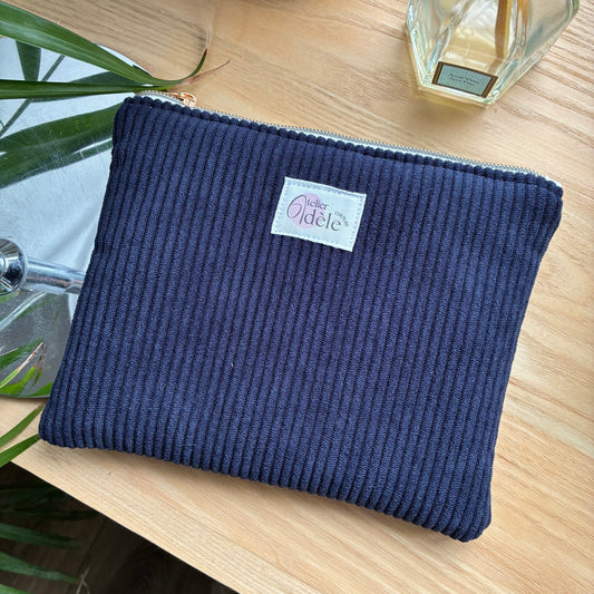Trousse plate en velours côtelé bleu marine/écru
