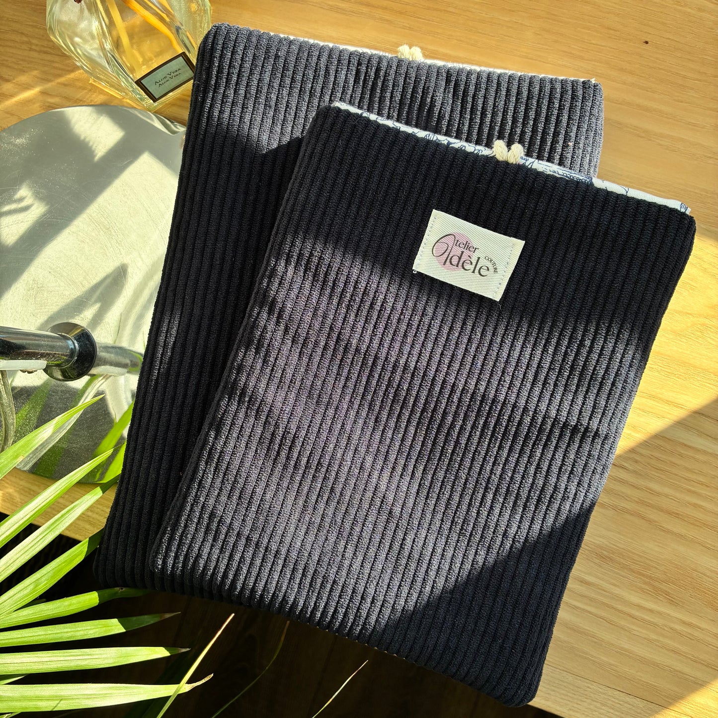 Navy blue corduroy book cover - customizable