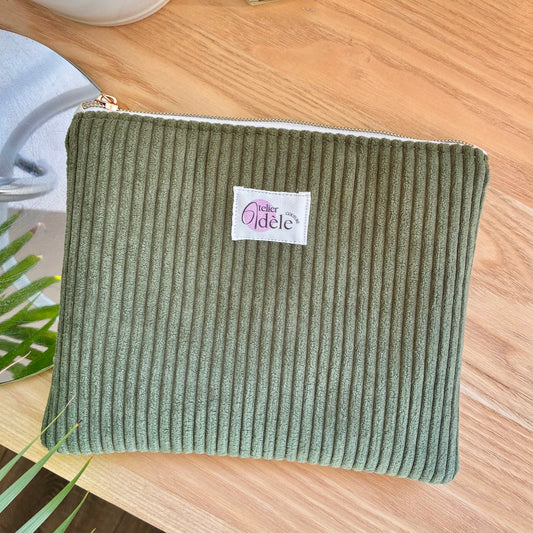 Trousse plate en velours côtelé kaki/écru