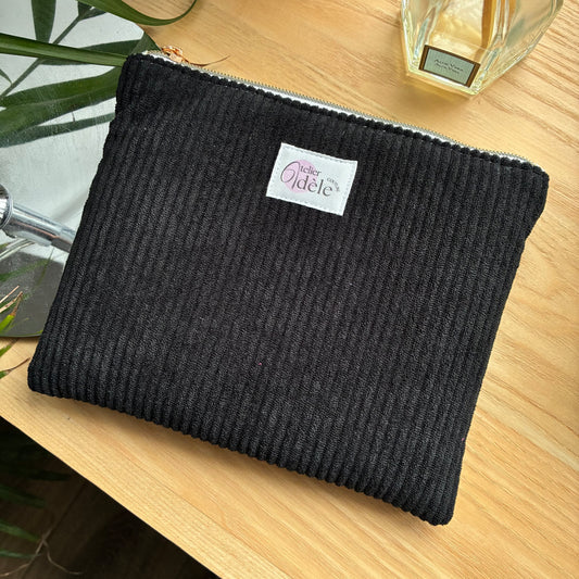 Trousse plate en velours côtelé noir/écru
