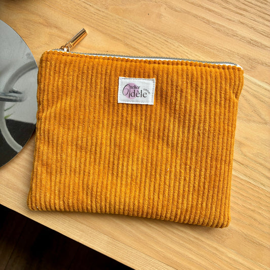 Trousse plate en velours côtelé moutarde/écru