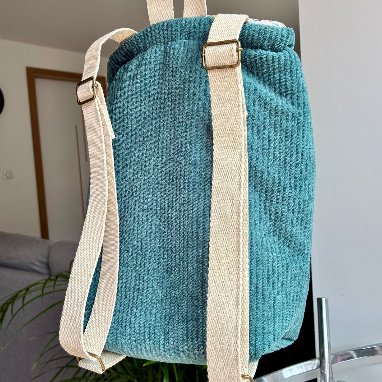 Sac à dos enfant maternelle en velours côtelé bleu pétrole/koalas