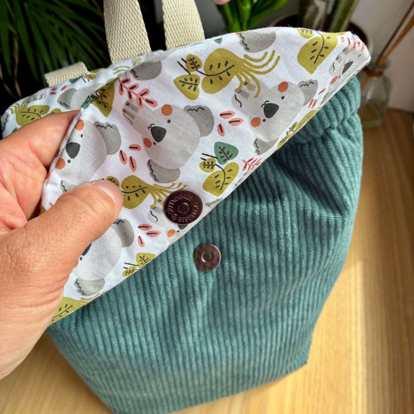 Sac à dos enfant maternelle en velours côtelé bleu pétrole/koalas