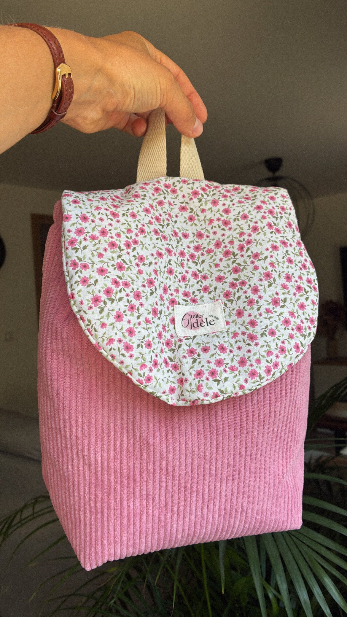Sac à dos enfant maternelle en velours côtelé rose/fleurs