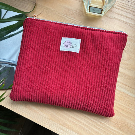 Trousse plate en velours côtelé rouge/écru