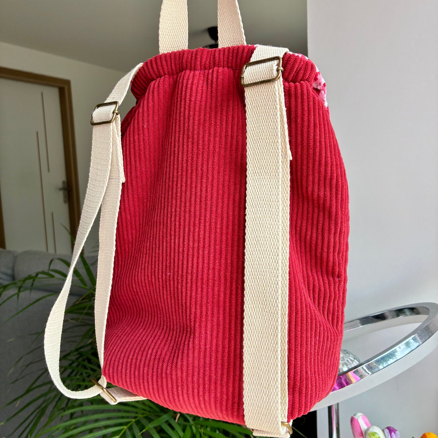 Sac à dos enfant maternelle en velours côtelé rouge/fleuri